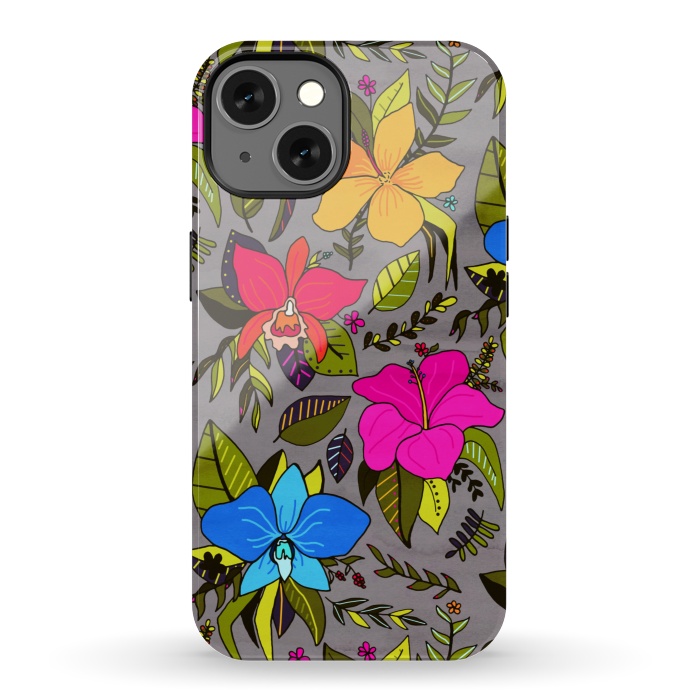 iPhone 13 StrongFit Tropical Floral On Grey  by Tigatiga