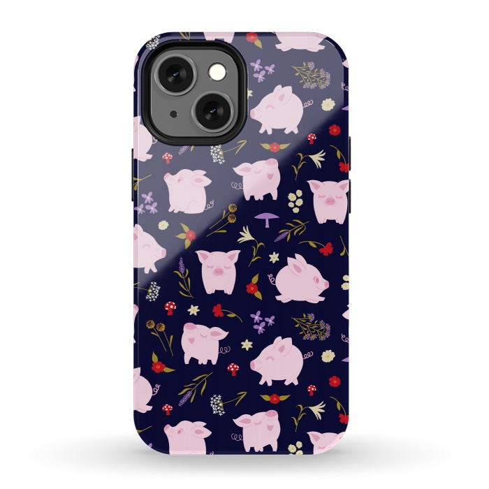 iPhone 13 mini StrongFit Cute Pigs Dancing Around Floral Motif by Portia Monberg