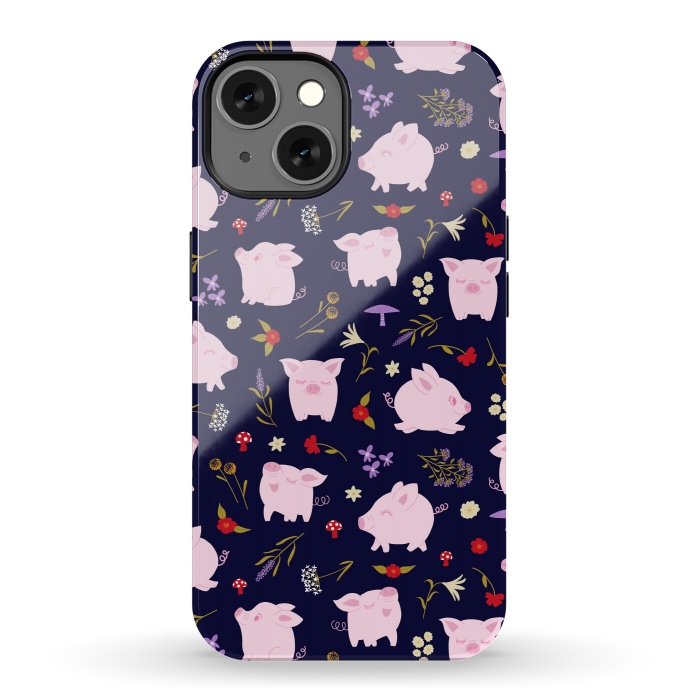iPhone 13 StrongFit Cute Pigs Dancing Around Floral Motif by Portia Monberg