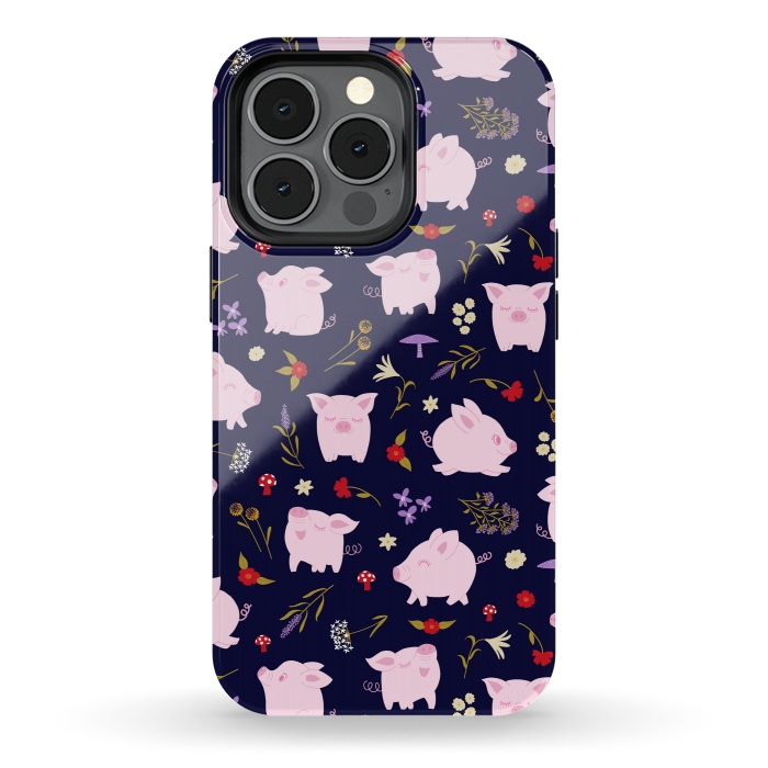 iPhone 13 pro StrongFit Cute Pigs Dancing Around Floral Motif by Portia Monberg