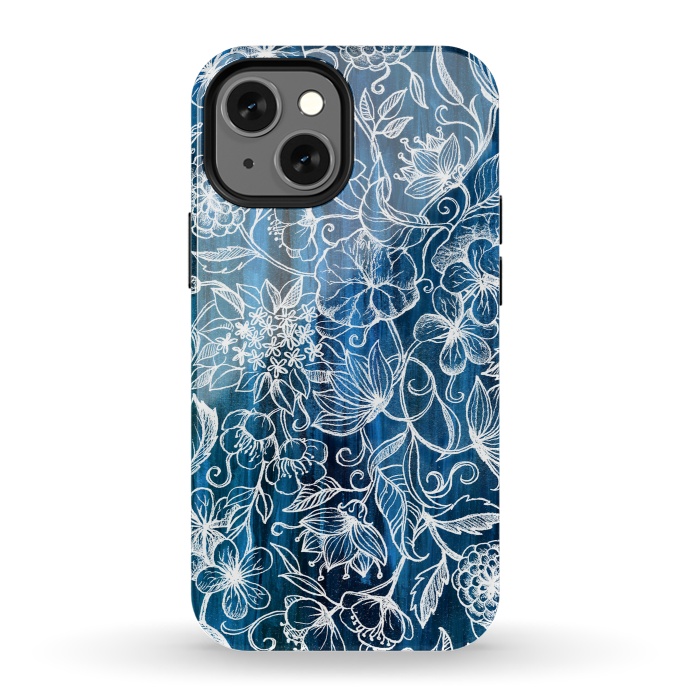 iPhone 13 mini StrongFit In Her Garden - white floral drawing on blue by Micklyn Le Feuvre