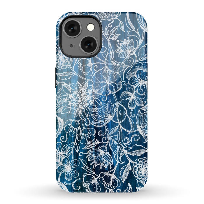 iPhone 13 StrongFit In Her Garden - white floral drawing on blue by Micklyn Le Feuvre