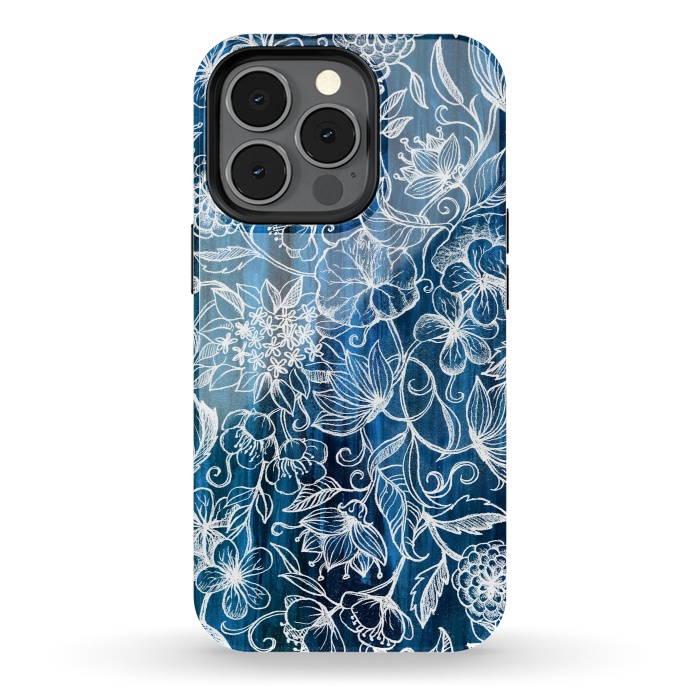 iPhone 13 pro StrongFit In Her Garden - white floral drawing on blue by Micklyn Le Feuvre
