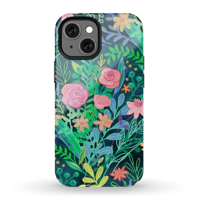 iPhone 13 mini StrongFit Bright Floral Posie on Dark Green by Micklyn Le Feuvre