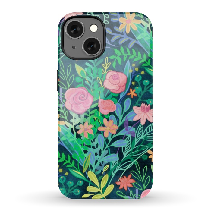 iPhone 13 StrongFit Bright Floral Posie on Dark Green by Micklyn Le Feuvre
