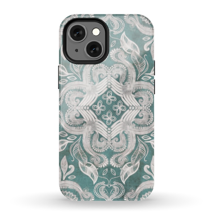 iPhone 13 mini StrongFit Dirty Denim Boho Pattern in Teal and Grey by Micklyn Le Feuvre