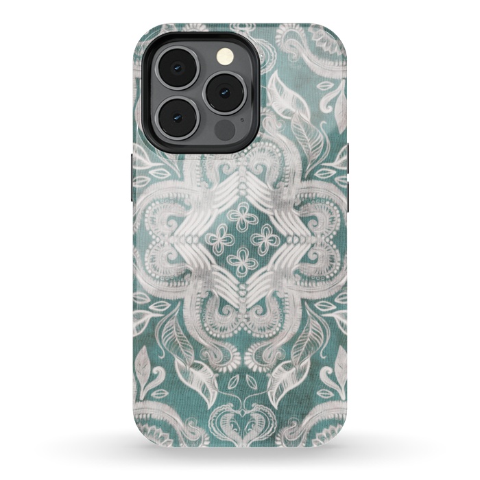 iPhone 13 pro StrongFit Dirty Denim Boho Pattern in Teal and Grey by Micklyn Le Feuvre