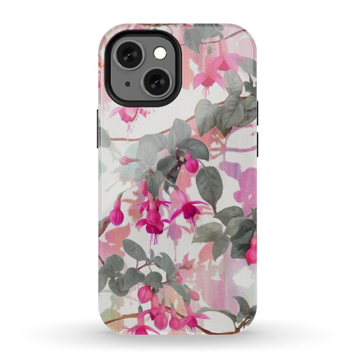 iPhone 13 mini StrongFit Painted Fuchsia Floral in Pink and Grey  by Micklyn Le Feuvre