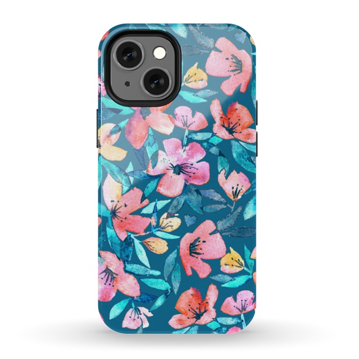 iPhone 13 mini StrongFit Fresh Watercolor Floral on Teal Blue by Micklyn Le Feuvre