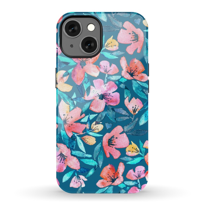 iPhone 13 StrongFit Fresh Watercolor Floral on Teal Blue by Micklyn Le Feuvre