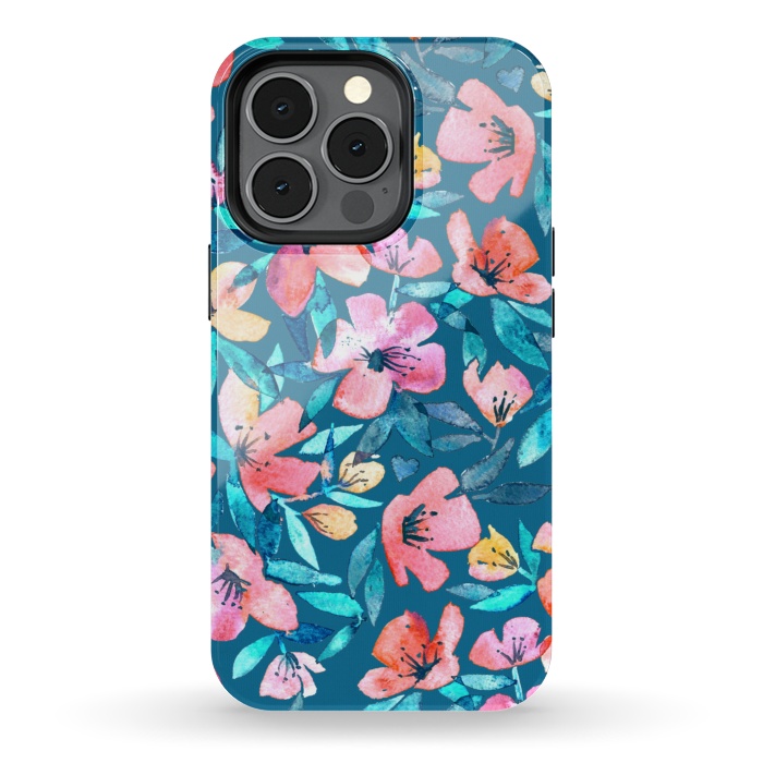 iPhone 13 pro StrongFit Fresh Watercolor Floral on Teal Blue by Micklyn Le Feuvre