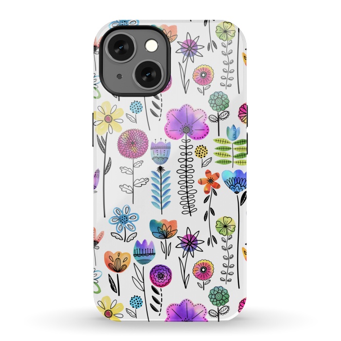 iPhone 13 StrongFit Bright Watercolor and Line Art Flowers by Noonday Design