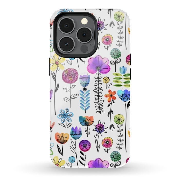 iPhone 13 pro StrongFit Bright Watercolor and Line Art Flowers by Noonday Design