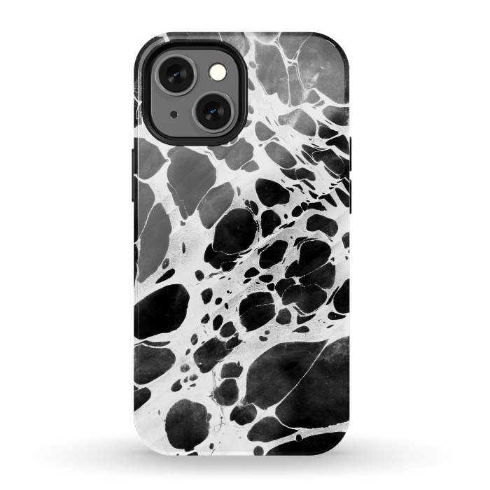 iPhone 13 mini StrongFit Dark marble with white bubble ink lines by Oana 