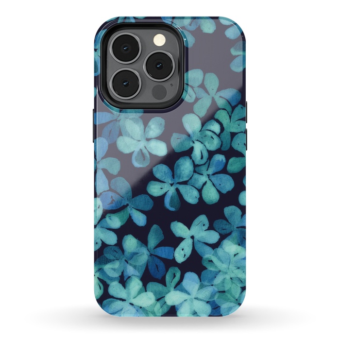 iPhone 13 pro StrongFit Hand Painted Floral Pattern in Teal & Navy Blue by Micklyn Le Feuvre