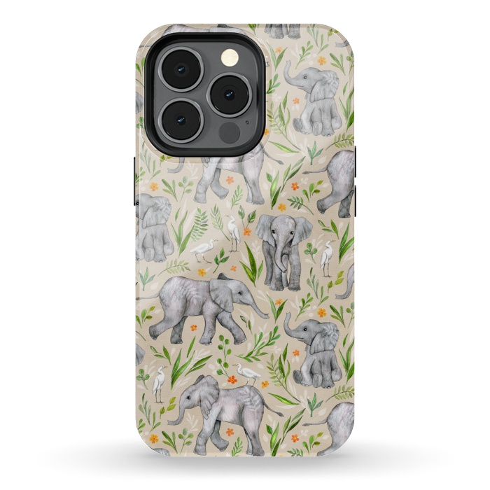 iPhone 13 pro StrongFit Little Watercolor Elephants and Egrets on Neutral Cream by Micklyn Le Feuvre