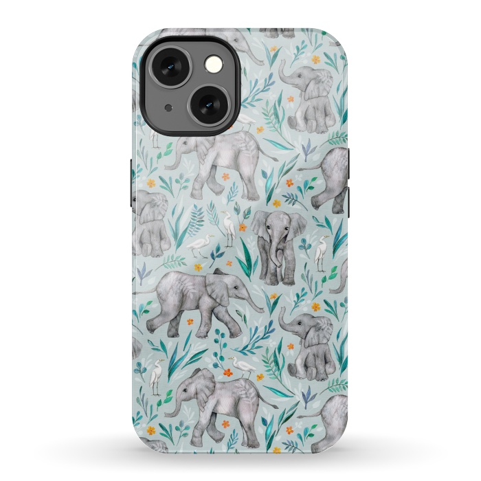 iPhone 13 StrongFit Little Watercolor Elephants and Egrets on Light Blue by Micklyn Le Feuvre