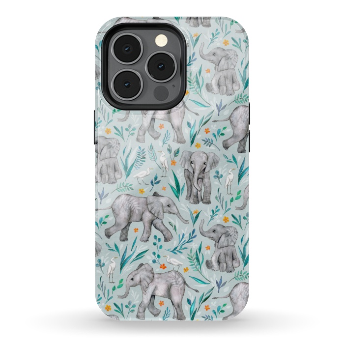 iPhone 13 pro StrongFit Little Watercolor Elephants and Egrets on Light Blue by Micklyn Le Feuvre