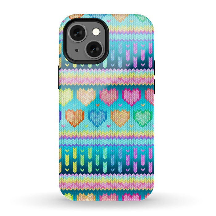 iPhone 13 mini StrongFit Cozy Knit with Rainbow Hearts on Teal Blue by Micklyn Le Feuvre