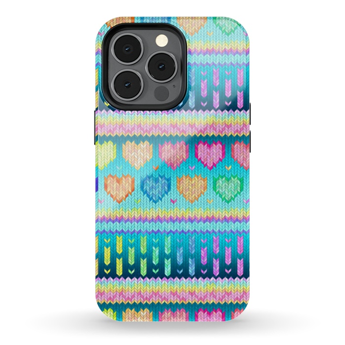 iPhone 13 pro StrongFit Cozy Knit with Rainbow Hearts on Teal Blue by Micklyn Le Feuvre