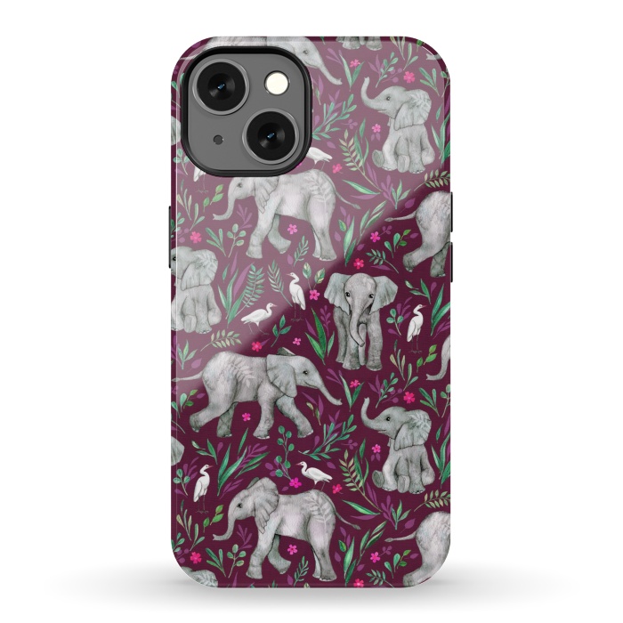 iPhone 13 StrongFit Little Watercolor Elephants and Egrets on Burgundy Red by Micklyn Le Feuvre
