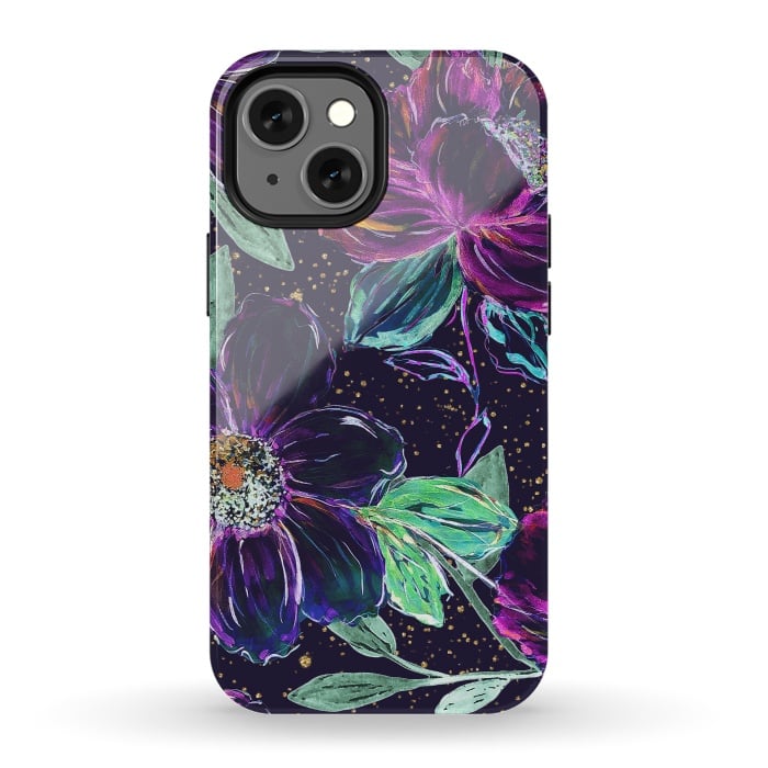 iPhone 13 mini StrongFit Whimsical hand paint floral and golden confetti design by InovArts