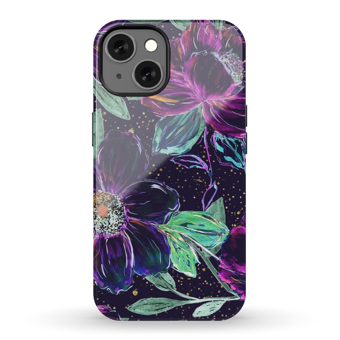 iPhone 13 StrongFit Whimsical hand paint floral and golden confetti design by InovArts
