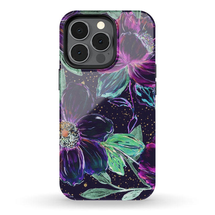 iPhone 13 pro StrongFit Whimsical hand paint floral and golden confetti design by InovArts