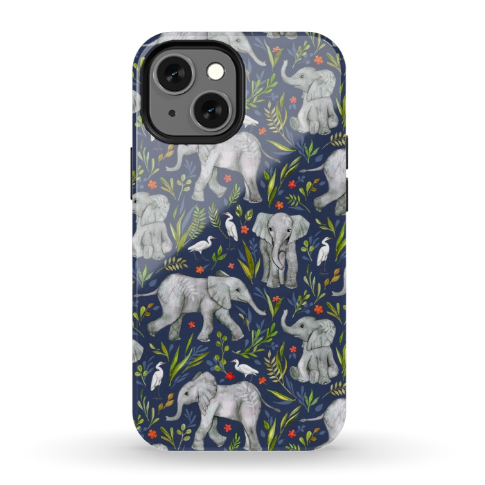 iPhone 13 mini StrongFit Little Watercolor Elephants and Egrets on Navy Blue by Micklyn Le Feuvre