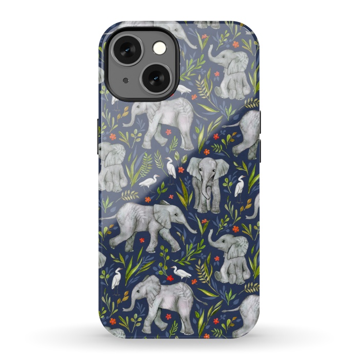 iPhone 13 StrongFit Little Watercolor Elephants and Egrets on Navy Blue by Micklyn Le Feuvre