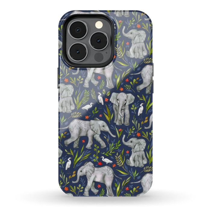 iPhone 13 pro StrongFit Little Watercolor Elephants and Egrets on Navy Blue by Micklyn Le Feuvre