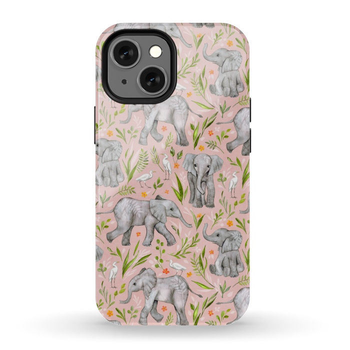 iPhone 13 mini StrongFit Little Watercolor Elephants and Egrets on Blush Pink  by Micklyn Le Feuvre