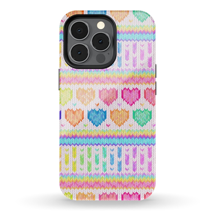 iPhone 13 pro StrongFit Cozy Knit with Rainbow Hearts on Off White by Micklyn Le Feuvre