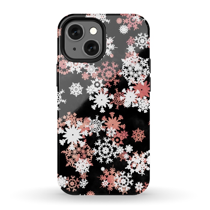 iPhone 13 mini StrongFit Rose gold and white snowflakes on black background by Oana 
