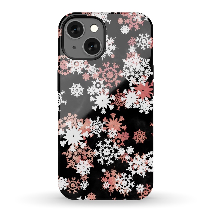 iPhone 13 StrongFit Rose gold and white snowflakes on black background by Oana 
