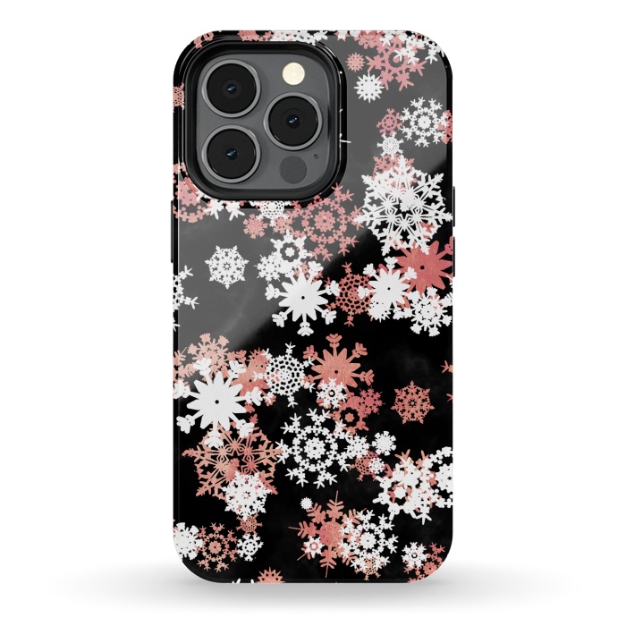 iPhone 13 pro StrongFit Rose gold and white snowflakes on black background by Oana 