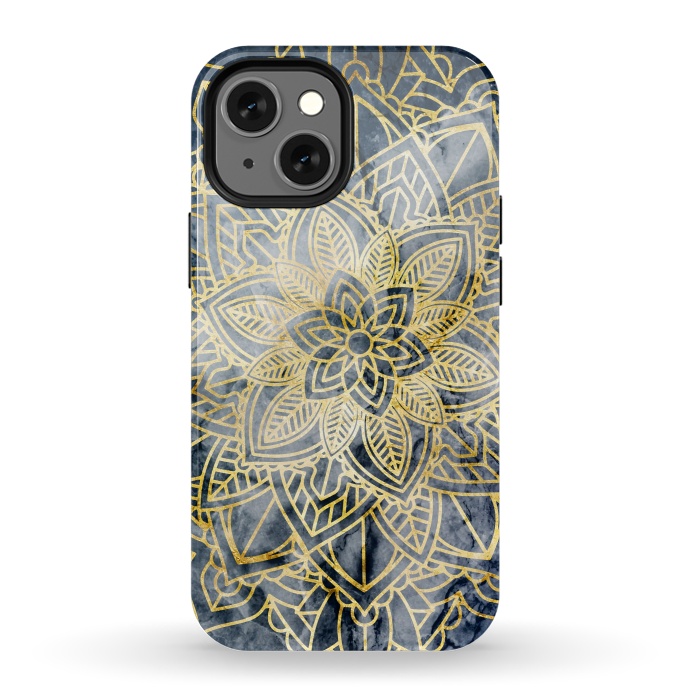 iPhone 13 mini StrongFit Golden flower mandala on dark blue marble by Oana 