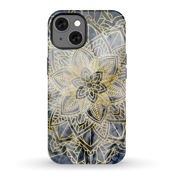 iPhone 13 StrongFit Golden flower mandala on dark blue marble by Oana 