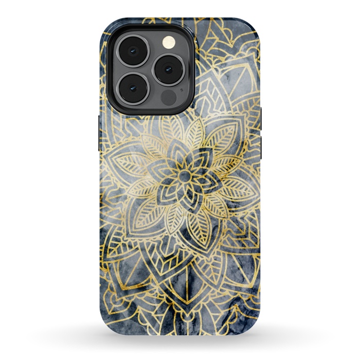 iPhone 13 pro StrongFit Golden flower mandala on dark blue marble by Oana 