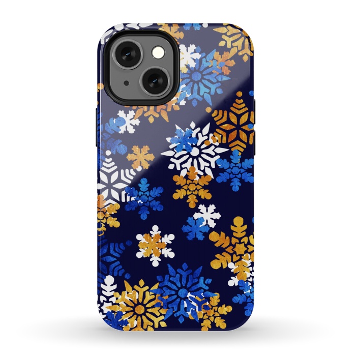 iPhone 13 mini StrongFit Blue, gold, white snowflakes by Oana 