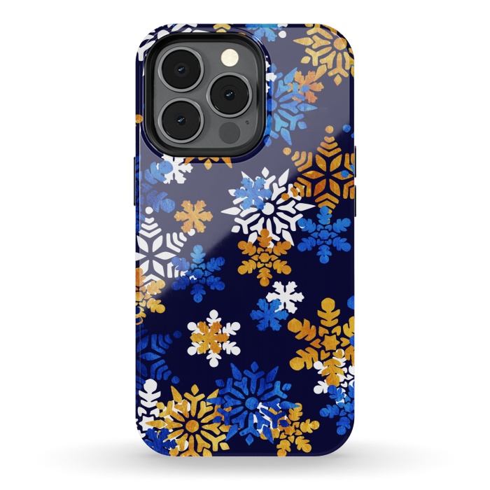 iPhone 13 pro StrongFit Blue, gold, white snowflakes by Oana 