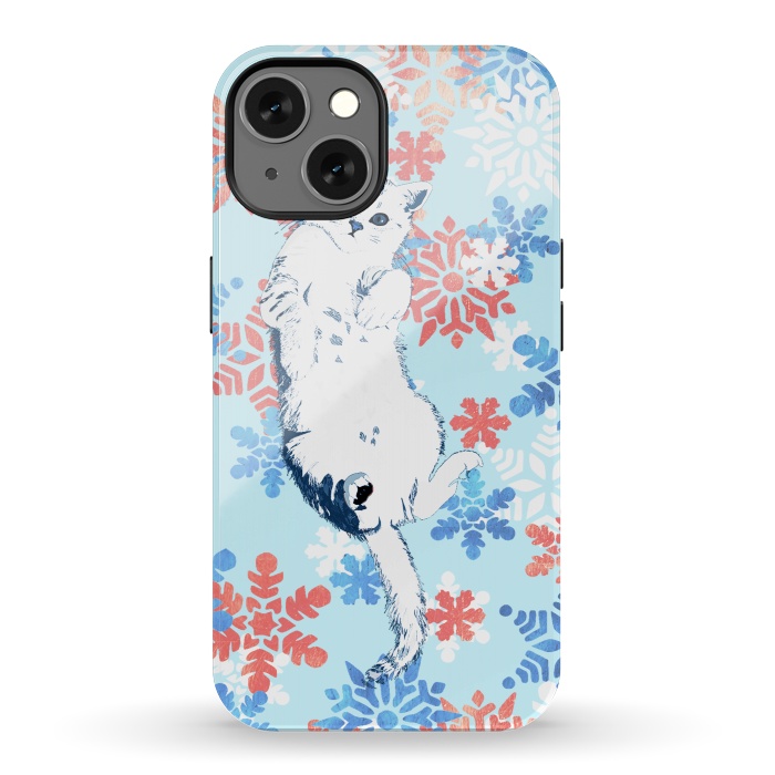 iPhone 13 StrongFit White cat and blue white gold snowflakes by Oana 