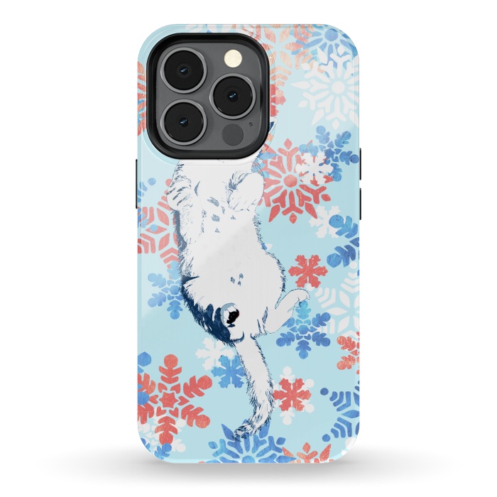 iPhone 13 pro StrongFit White cat and blue white gold snowflakes by Oana 