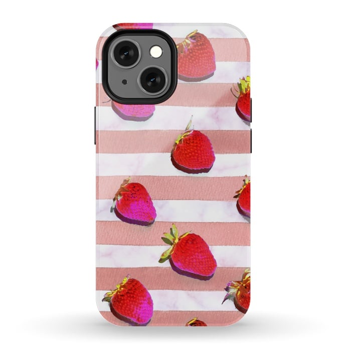 iPhone 13 mini StrongFit strawberries on watercolor painted stripes by Oana 