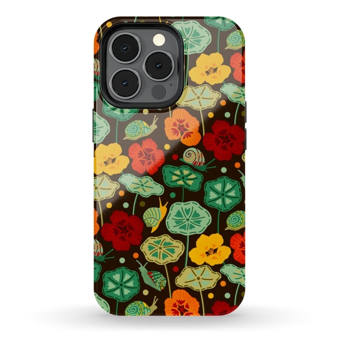 iPhone 13 pro StrongFit Nasturtiums & Snails On Brown  by Tigatiga