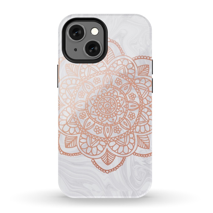 iPhone 13 mini StrongFit Rose Gold Mandala on White Marble by Julie Erin Designs