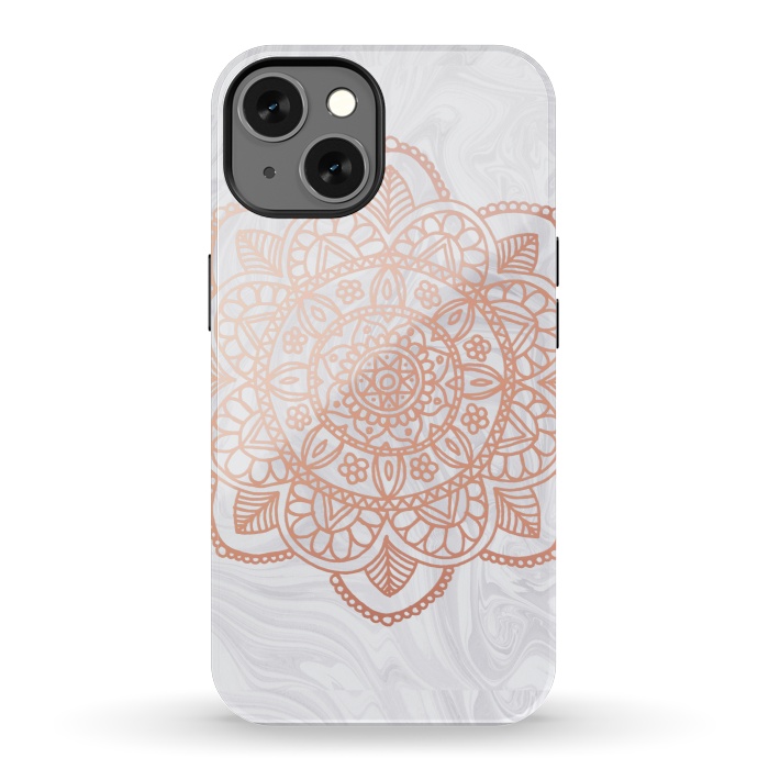 iPhone 13 StrongFit Rose Gold Mandala on White Marble por Julie Erin Designs