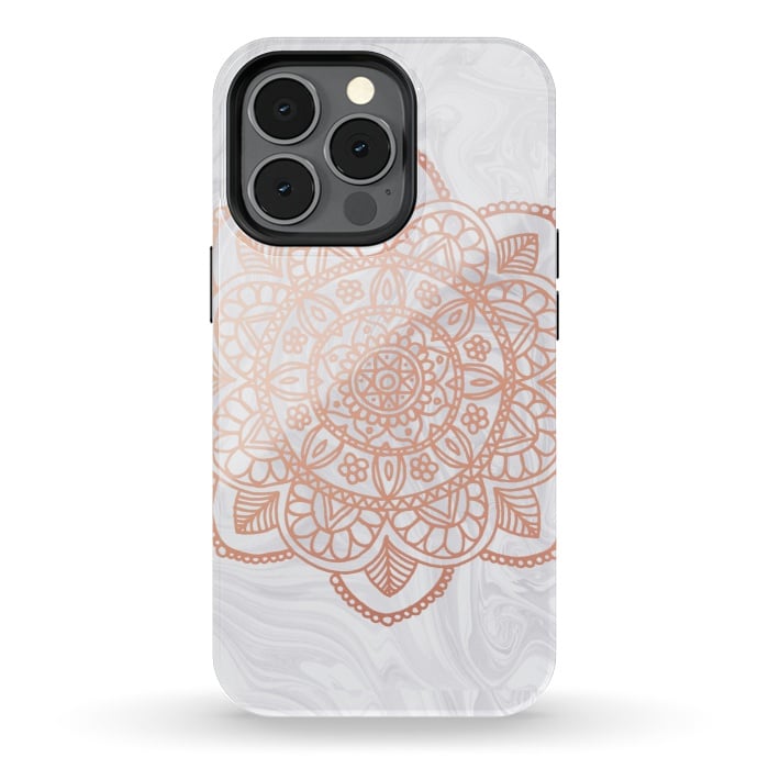 iPhone 13 pro StrongFit Rose Gold Mandala on White Marble by Julie Erin Designs