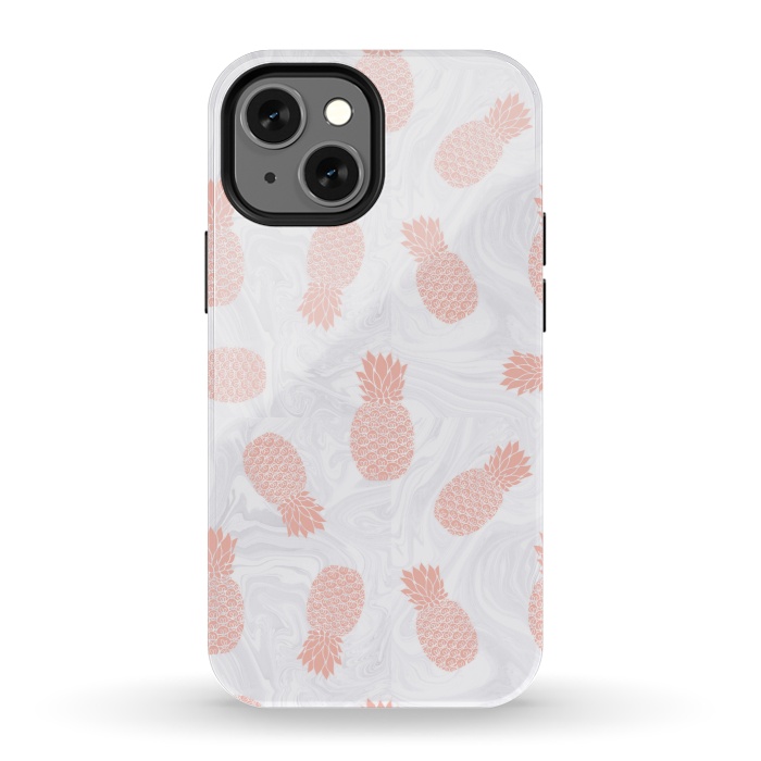 iPhone 13 mini StrongFit Pink Pineapples on White Marble by Julie Erin Designs