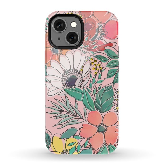 iPhone 13 mini StrongFit Cute girly pink floral hand drawn design by InovArts